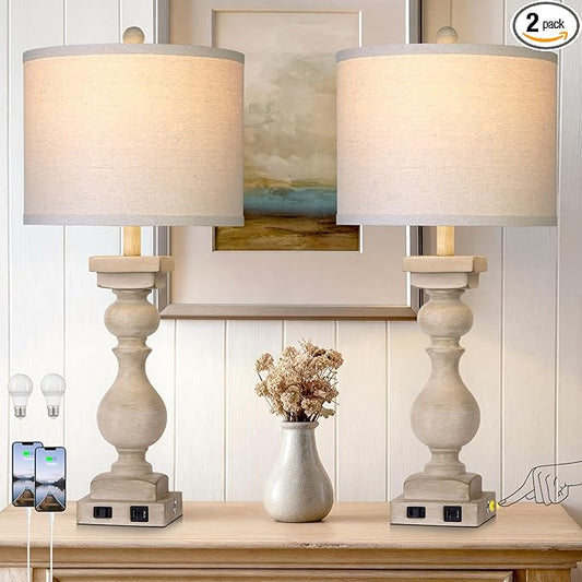 28" Tall Farmhouse Table Lamps Set of 2 with USB C+A Ports and AC Outlet, 3 Way Touch Tall Rustic Bedside Lamps for Living Room, Beige Vintage Lamps for Bedroom