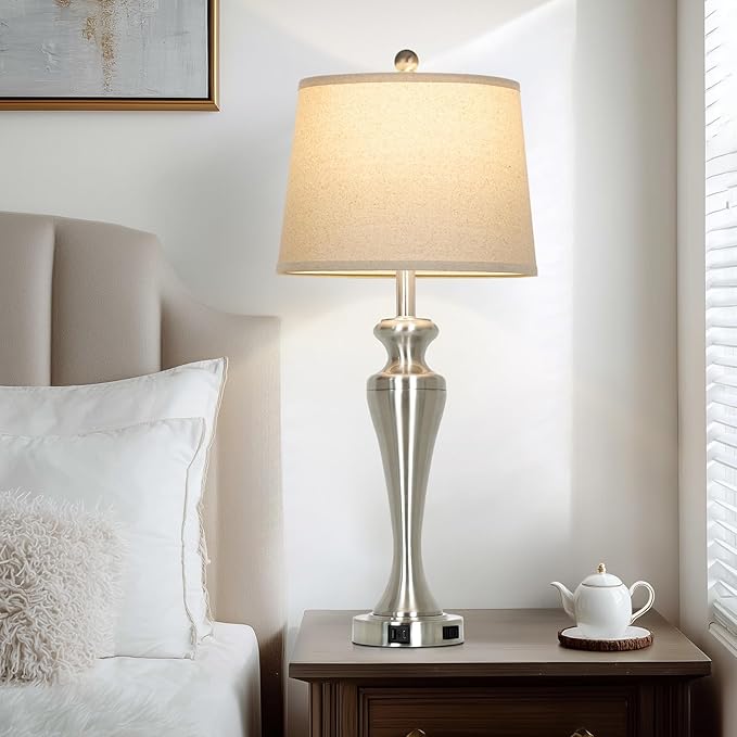30" Silver Table Lamps Set of 2, 3-Way Dimmable Touch Bedside Lamp with USB A+C Ports and AC Outlet, Tall Living Room Lamps for Side Table, Modern Brushed Nickel Bedroom Lamp for Nightstand