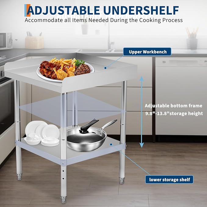 12x24x30 in Stainless Steel Equipment Grill Stand Table 400 LBS Capacity NSF Certified with Adjustable Legs, 2 in Edge Baffle, for Hotel, Home, Commercial Restaurant Kitchen
