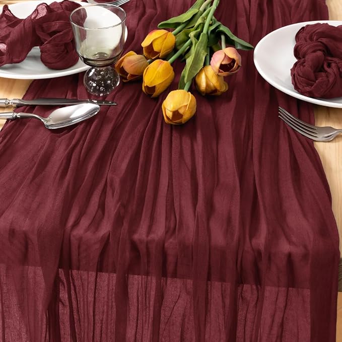 MLMC 3 Pack Burgundy Red Table Runner 10ft Rustic Gauze Wine Red Cheese Cloth Table Runner Cheesecloth Centerpiece for Wedding Bridal Shower Anniversary Events Christmas Valentine's Day Decor