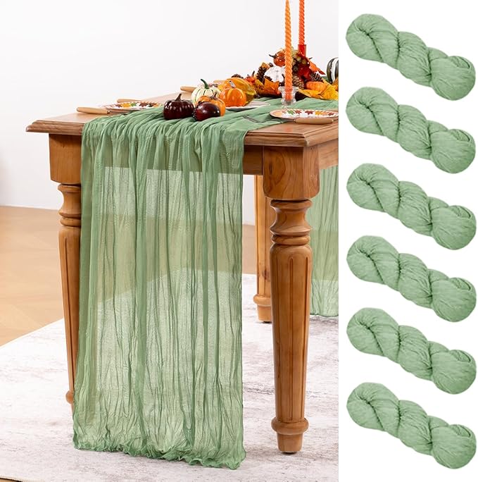 Sage Green Cheesecloth Table Runner 6 Pack Christmas Table Runners Boho Gauze 120 Inches Sage Cheese Cloth Table Decor for Xmas Holiday Season Parties Wedding Bridal Baby Shower Tea Party