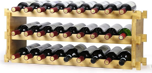 Finnhomy Wine Rack 27-Bottle 3-Tier Natural Bamboo Display Wine Storage Shelves Stackable Wine Bottle Holder