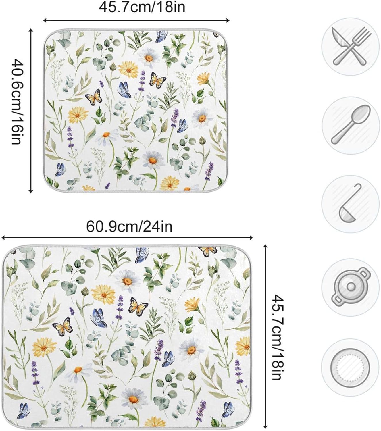 Wildflowers Butterflies Botanical Leaves Dish Drying Mat for Kitchen Counter Absorbent Microfiber Drying Pad, Medium 16x18 in, Reversible Drainer Mats