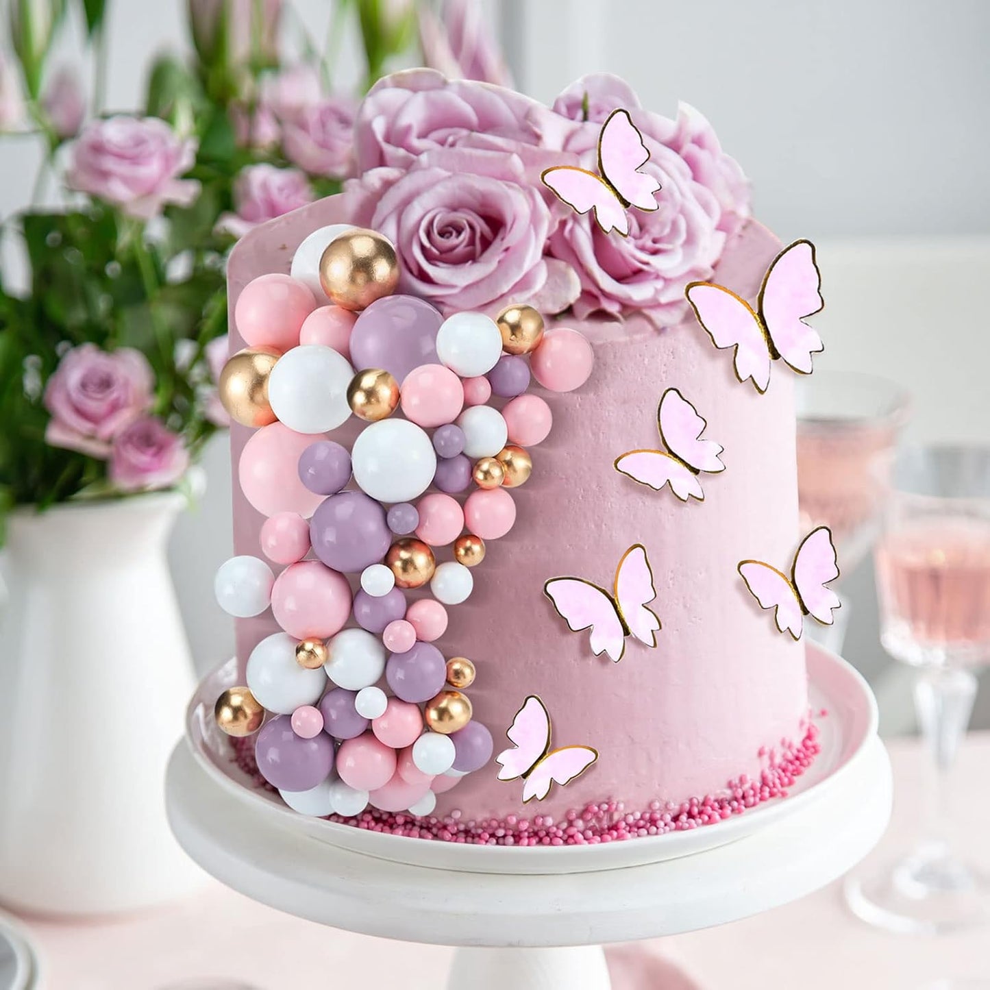 108 Pcs Balls Cake Topper DIY Cupcake Insert Foam Balloons for Cake Baking Wedding Anniversary Birthday Decoration(Pink, Purple, White, Gold,Multi Sizes)