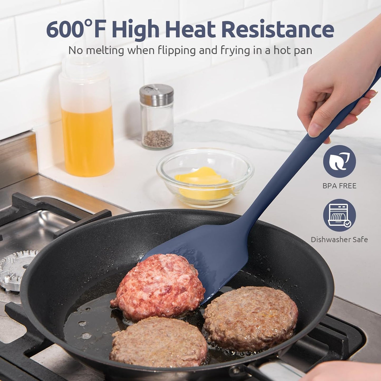 600ºF Heat Resistant Silicone Turners: U-Taste 13.6in Long Solid & Slotted Kitchen Spatula Flipper, Food Grade Wide & Large Flexible Cooking Utensils for Flipping Eggs, Pancakes (Midnight Blue, 2PCS)
