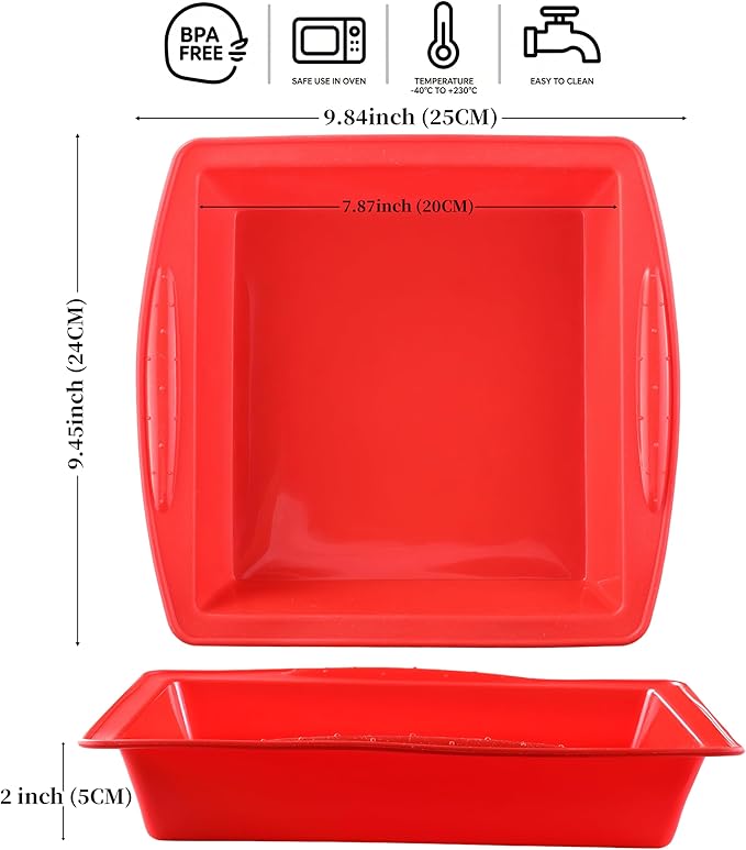 Silicone Square Brownie Pan 2 Pack, 8x8 Baking Pan for Brownies, Cakes, Bread, Pie & Lasagna – BPA Free, Heat Resistant, Flexible Silicone baking mold, Oven, Microwave, Dishwasher Safe