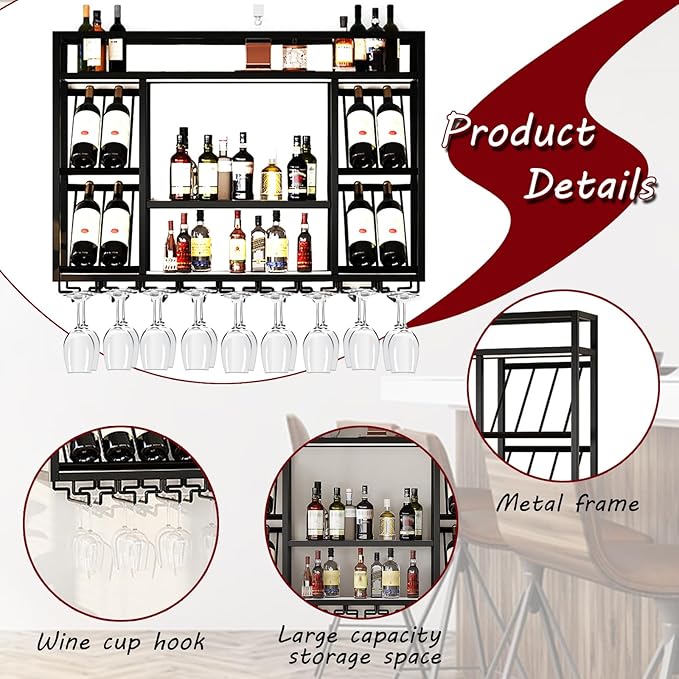 Wall Mounted Wine Racks with Glass Holder, 3 Tier Wine Storage Display Rack, Floating Rustic Metal Bar Liquor Shelves, for Home Bar, Wine Kitchen Storage (Gold, 47.24x27.55x9.8in)