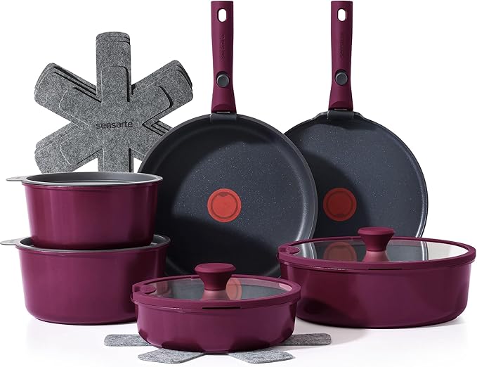 SENSARTE 17 Piece Pots and Pans Set, Nonstick Detachable Handle Cookware Set, Induction Thermo-Signal Cookware Set with Removable Handle, Healthy Non Stick for RV, Dishwasher ＆ Oven Safe (Purple)