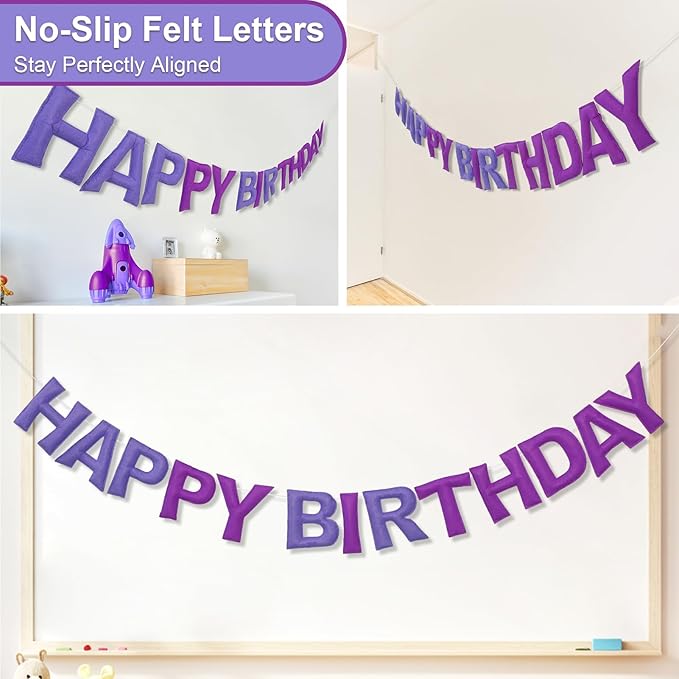 Pre-Strung Happy Birthday Banner & Felt Garland Set - Ombre Purple Birthday Decorations for Women Men Boys Girls | Reusable Party Supplies for Indoor & Outdoor