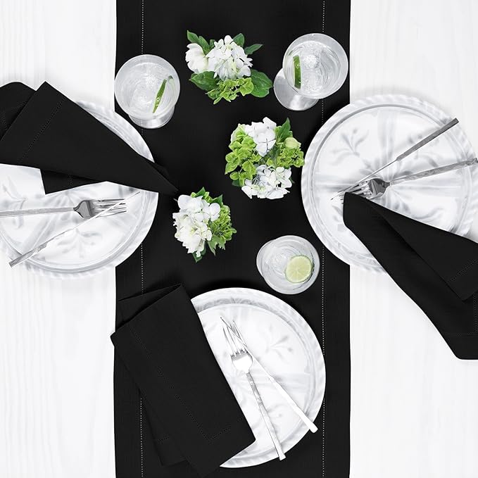 Solino Home Linen Black Table Runner 108 Inches Long - 100% Pure Linen 14 x 108 Inch Table Runner for Winter, Christmas, Holiday, New Year - Classic Hemstitch
