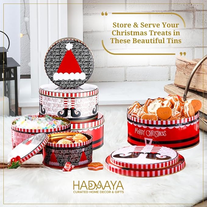 Pack of 3 Round Metal Nesting Tins – Stackable Christmas Cookie Tins with Lids for Kids' Cookies, Candy, Snacks, Crafts & Kitchen – Fun Xmas Elf Hat Design