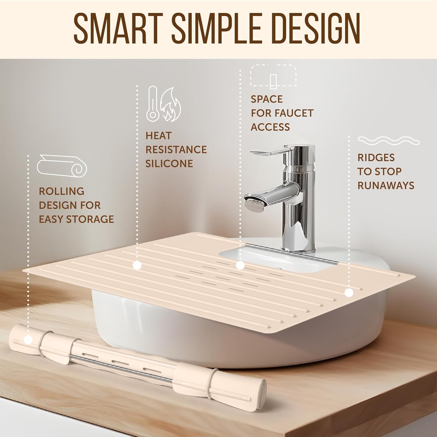 Maplefield Bathroom Sink Mat Cover - Small Beige Silicone - Heat Resistant up to 400°F - Foldable Oval Sink Cover & Makeup Mat with Raised Ridges