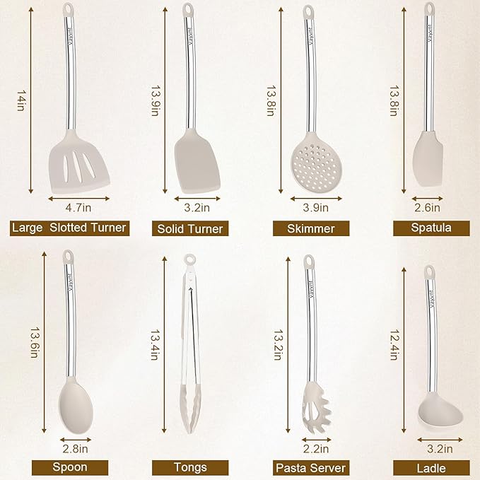 8 Pieces Kitchen Utensils Set, Vayvnt Silicone Cooking Utensils Set for Non-Stick Cookware, Stainless Steel Handle, Heat Resistant Kitchen Gadgets Includes Large Spatula Tongs, Dishwasher Safe, Khaki