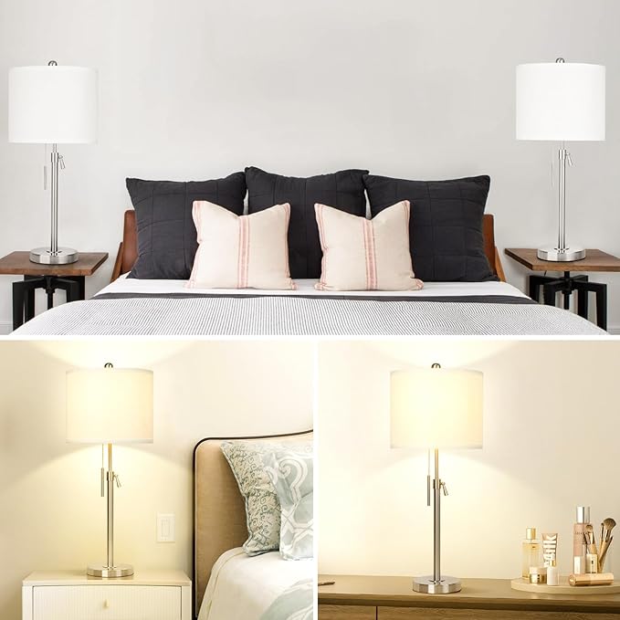 Table Lamps for Bedrooms Set of 2, 22" to 30" Height Adjustable Nightstand Lamps with Linen Shade, Pull Chain Switch Lamps for Living Room, 3 Way Dimmable Beside Lamp