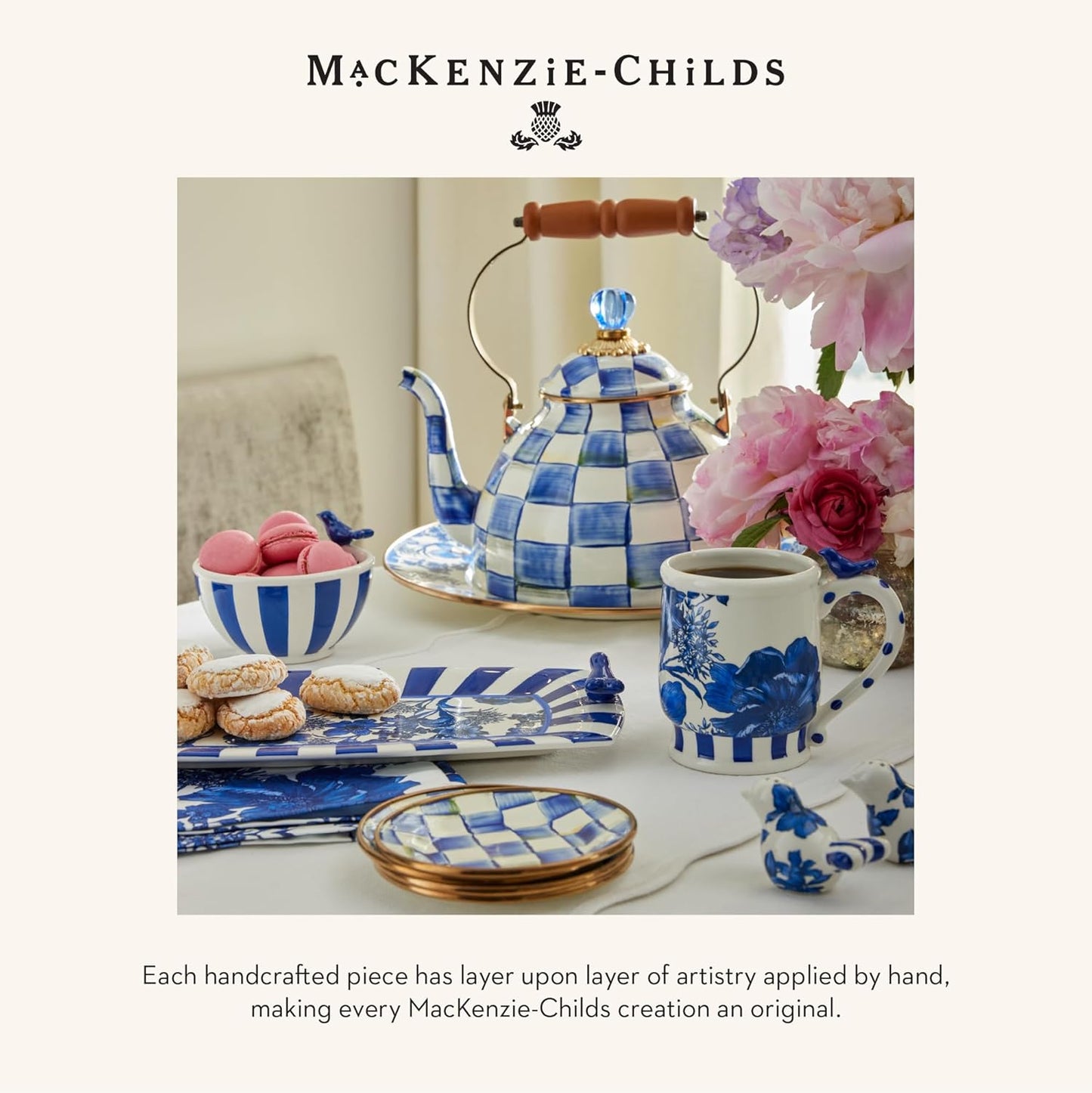 MACKENZIE-CHILDS Enamel Creamer, Creamer Dispenser with Pour Spout, Kitchen Enamelware, 14-Ounce Capacity, Blue-and-White Royal Check