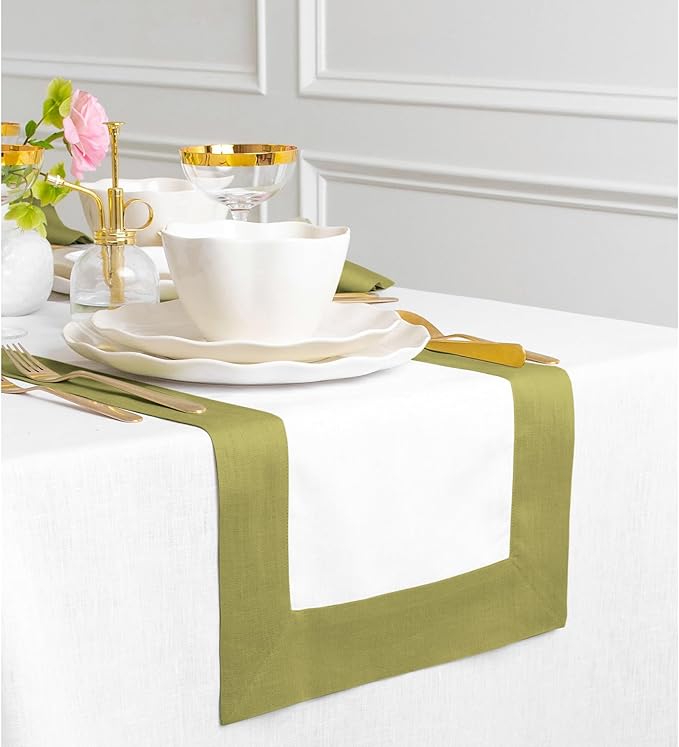 Solino Home Linen Table Runner 36 Inches - 100% Pure Linen Avocado and White Small Table Runner 14 x 36 Inch Ideal for Dresser and Coffee Tables - Winter - Contempo