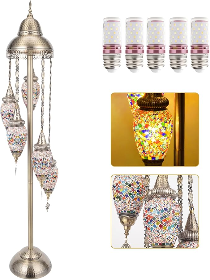 Turkish Floor Lamp, 154CM Moroccan Bohemian Style Living Room Decor, Handcrafted Mosaic Metal Base, Includes 5 Olive Shape Lampshades (XGL Floor-02)