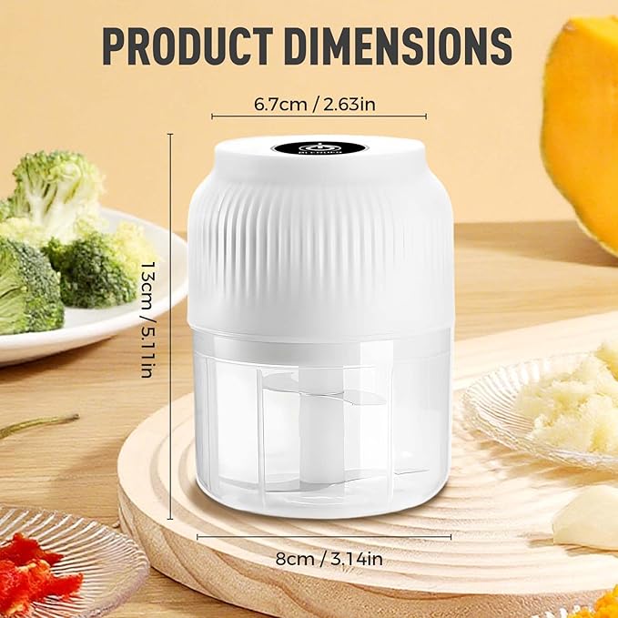 Electric Garlic Chopper, Mini Portable Veggie Chopper, 300ML Cordless Garlic Grinder Onion Masher, Food Processor for Ginger Chili Fruit Meat (White)