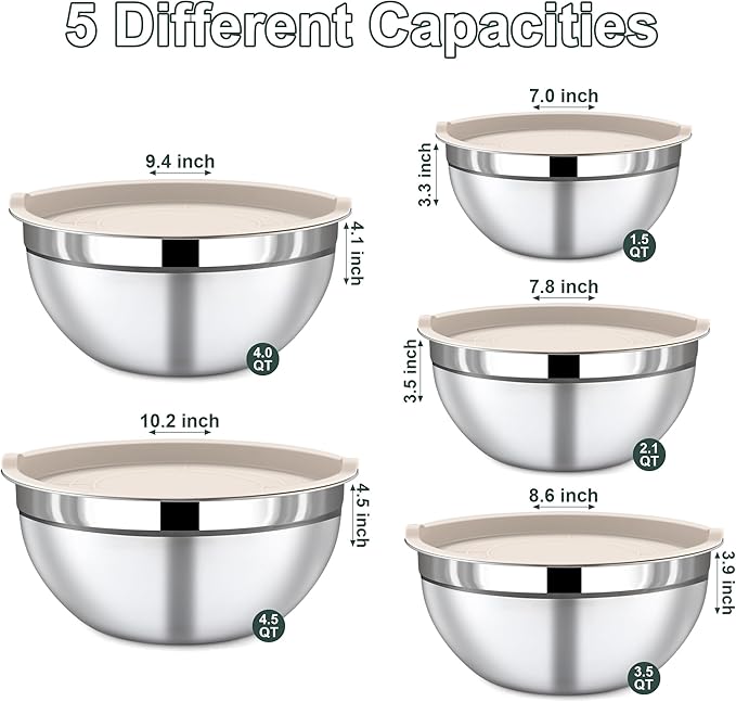 5 Piece Stainless Steel Mixing Bowls with Lids Set - Khaki Nesting Metal Mixing Bowls for Kitchen, Sizes 4.5, 4, 3.5, 2.1, 1.5 Qt for Baking, Cooking and Serving, Dishwasher Safe