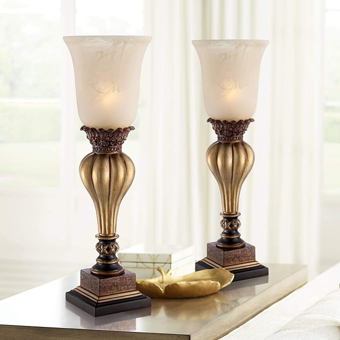 Regency Hill Sattley Traditional Uplight Accent Table Lamps 23 1/4" High Set of 2 Light Gold Alabaster Glass Shade Decor for Living Room Bedroom House Bedside Nightstand Home Office Family