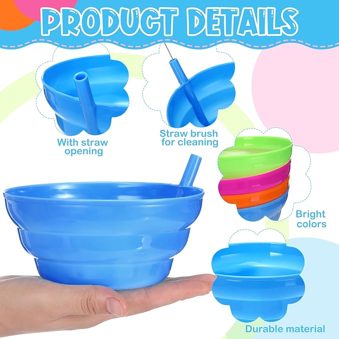12 Pack Christmas Plastic Cereal Bowls with Straws Colored 16 oz Built-in Straw Bowl and 4 Cleaning Brushes Reusable Dishwasher for Breakfast Milk Soup Snack Salad Dessert Party Supplies