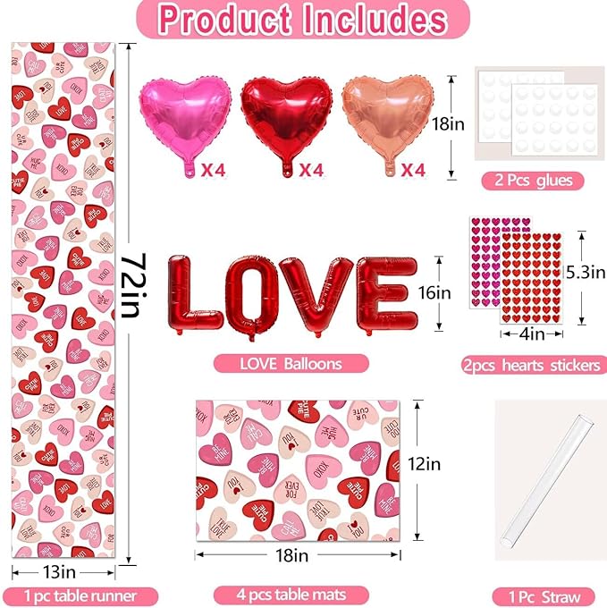 Pink Ture Love Heart Valentine's Day Table Runner 13"x72" & 4 Pcs 12"x18" Placemats Sets with 12 Heart Balloons, Love Letter Balloons, Stickers & Blowing Straw for Home Party Decor