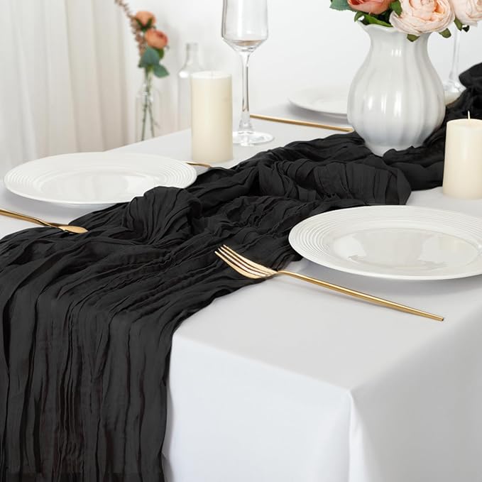 combocube 12 Pack 35x120 Inch 10Ft Cheesecloth Long Table Runner Gauze Rustic Romantic Table Cloth for Halloween Wedding Reception Bridal Shower Holiday Birthday Party Table Decorations, Black