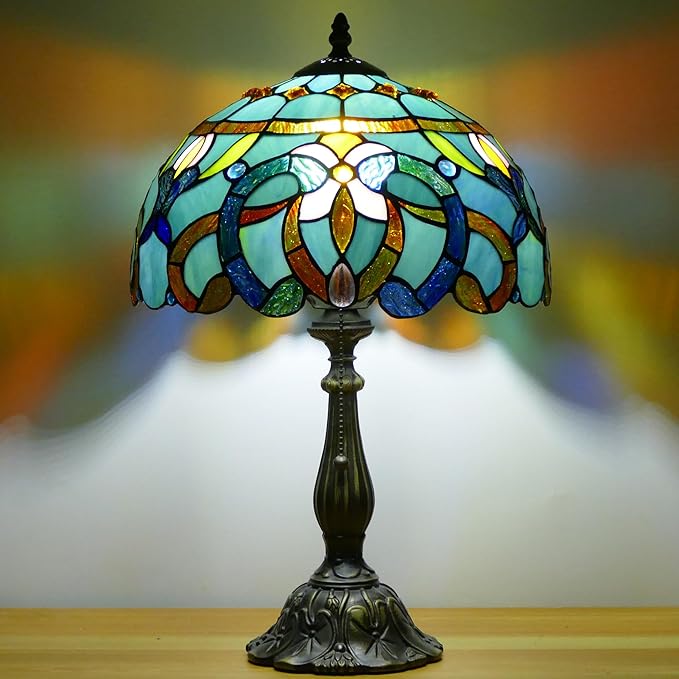 Tiffany Lamp Stained Glass Table Lamp Antique Bedside Reading Light W12H19 Inches (Sea Blue Baroque)