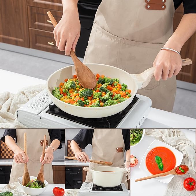 Wooden Spoons Cooking 1pcs Wooden Spoons For Cooking and 1pcs Silicone Spatula Acacia Cooking Spoon Wooden Non-Stick Wood Utensil Silicone Scraper Spatula, Kitchen Utensils Cooking Spoon for Serving