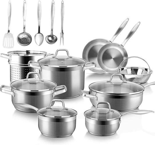 Duxtop Professional Stainless Steel Induction Cookware Set, 19PC Kitchen Pots and Pans Set, Heavy Bottom with Impact-bonded Technology