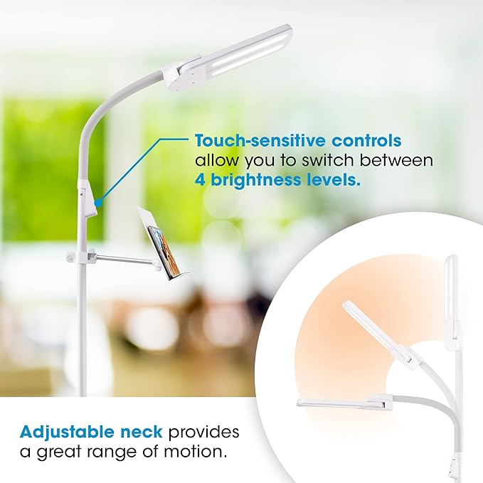 Ottlite Dual Shade LED Standing Floor Lamp with Adjustable Stand - Wide Range of Illumination with Built-in 2.1A USB Charging Port and Flexible Neck - 4 Brightness Settings for Reading & Studying