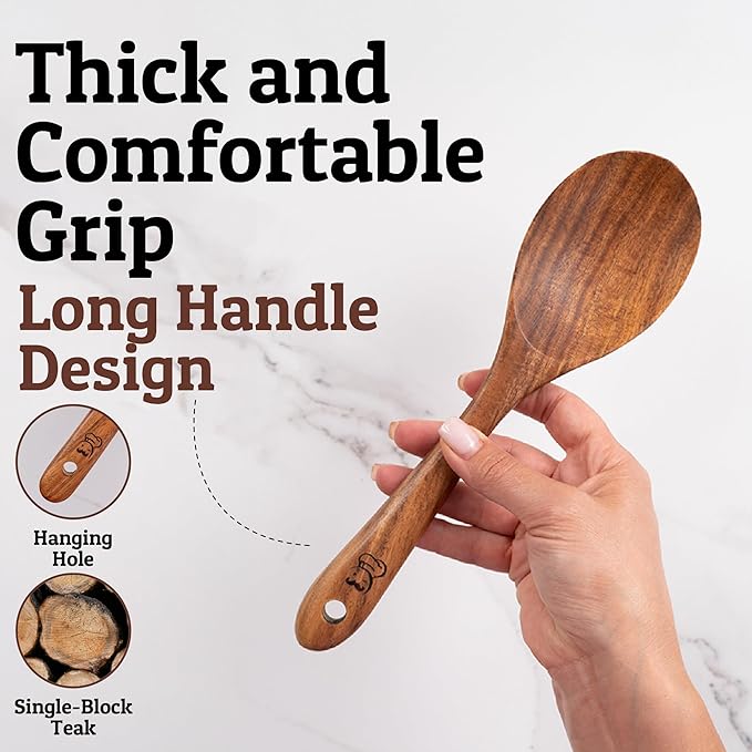 Priority Chef Wooden Spoon for Cooking – Solid Premium Non Toxic Teak Wood Spoon, Nonstick-Safe Kitchen Utensil for Stirring, Serving & Everyday Use