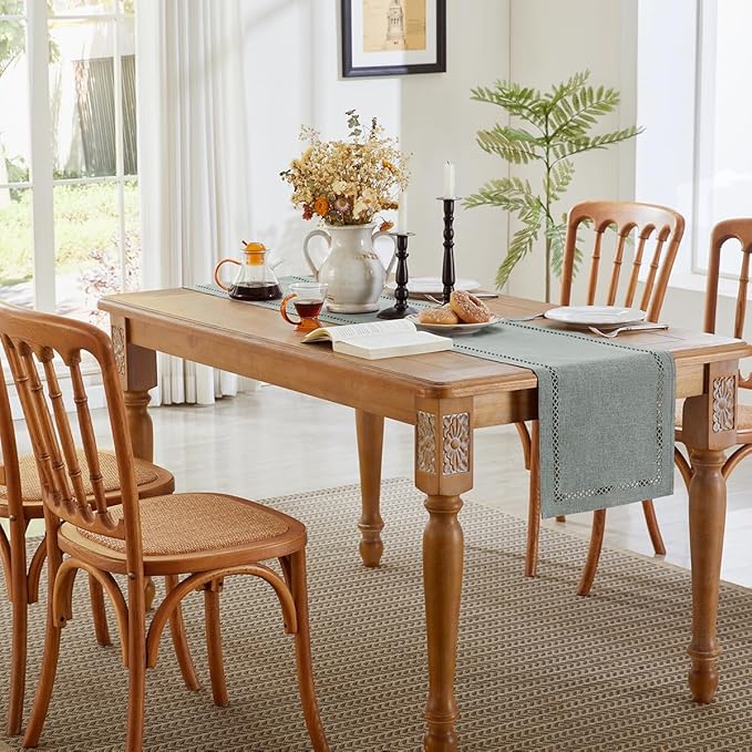 Burlap Style Farmhouse Table Runner, 13 x 108 Inch Grey, Rustic Geometric Hollow Table Runners 108 Inches Long for Dresser Table Everyday Use, 13x108 Inches, Grey
