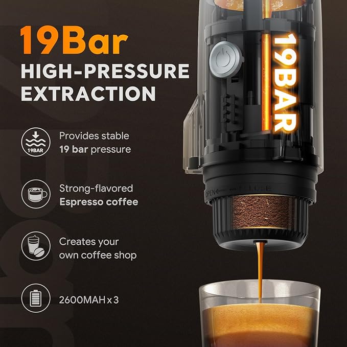 Portable Electric Espresso Machine Travel Coffee Maker for Camping 3 in 1 Self-Heating for Ground Coffee & DG NS Capsule Pods For Travel Camping and Hiking (Bright White)