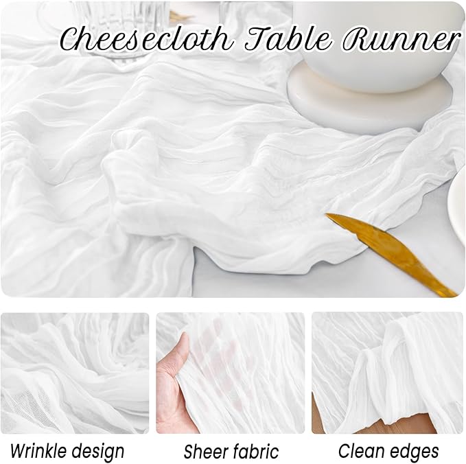 12 Pack White Table Runner 10FT Cheesecloth Table Runner 21 x 120 inch Boho Gauze Cheese Cloth Table Runners Rustic Sheer Table Runners for Party Wedding Bridal Baby Shower Christmas Table Decor