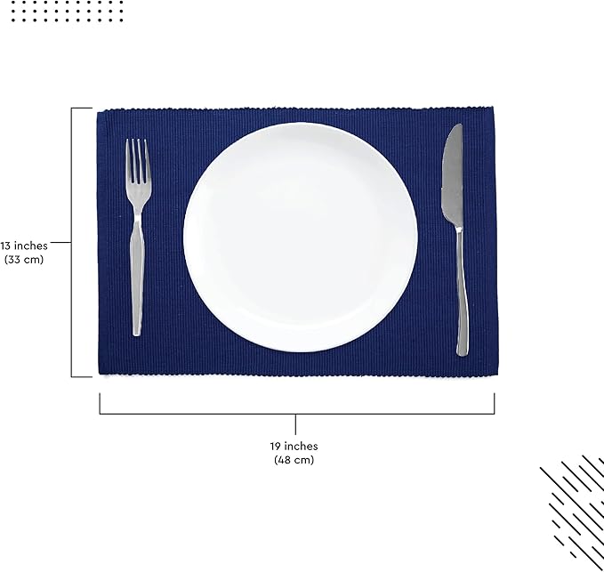 Encasa XO Dining Placemat Set of 6 | Solid Solid Blue Color | Fine Ribbed Cotton Table mat | Size 19x13 in |for Dining Table Fall Decoration, Holiday & Christmas Festivals - Machine Washable