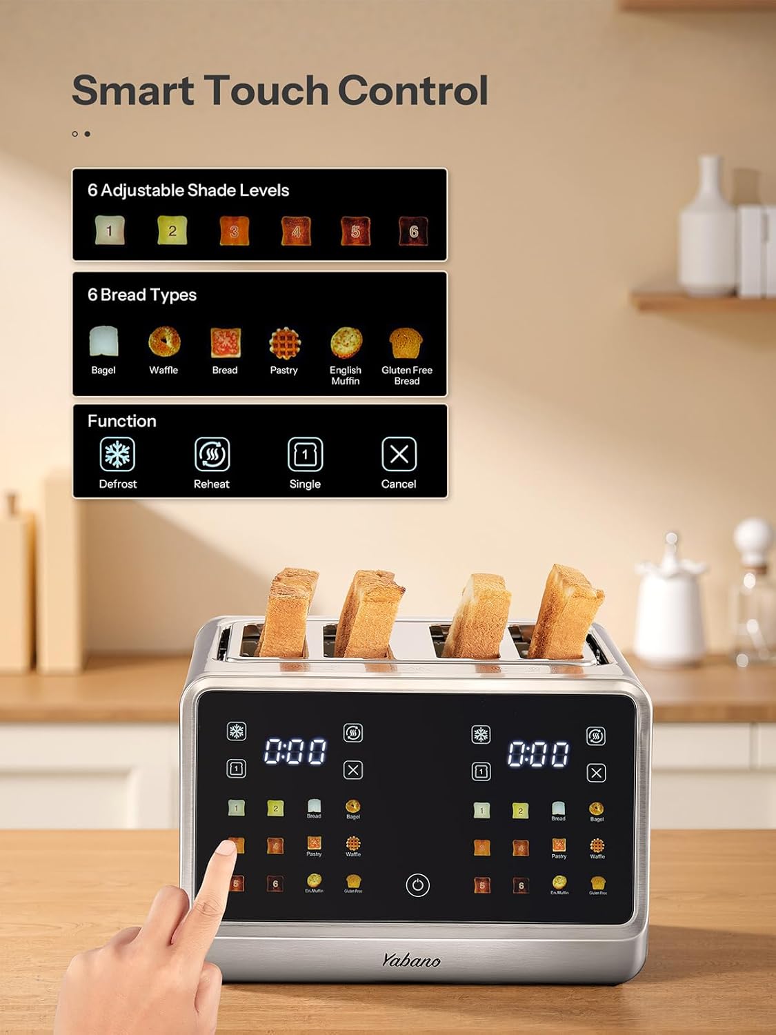 Yabano 4-Slice Toaster with Smart Touch Control, 6 Shade Levels & 6 Bread Settings, Extra Wide Slot for Bagels/English Muffins, Compact Design with Removable Crumb Tray
