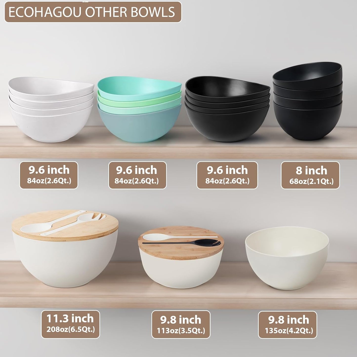 Bamboo Fiber 10 ″ Large Salad Serving Bowl Set with Wooden Lid & Servers, 3.5Qt Big Bowl with Utensils for Mixing Salad,Fruit,Pasta,Lightweight & Dishwasher Safe, Ideal Gift for Home - Teal Color