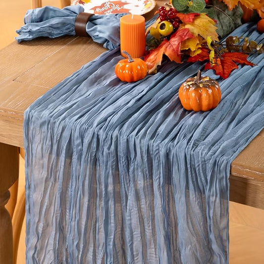 MLMC Dusty Blue Table Runner 10ft Boho Gauze Blue Cheesecloth Table Runner Rustic Cheese Cloth Centerpiece 35x120 Inches for Wedding Bridal Shower Baby Shower Party Decor