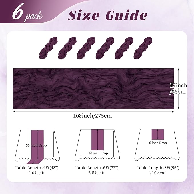 6 Pack Dark Purple Cheesecloth Table Runner 17x108 Inch Semi Sheer Boho Gauze Cheese Cloth Fabric Table Runners, for Wedding Party Baby Shower Birthday Home Decor Garden