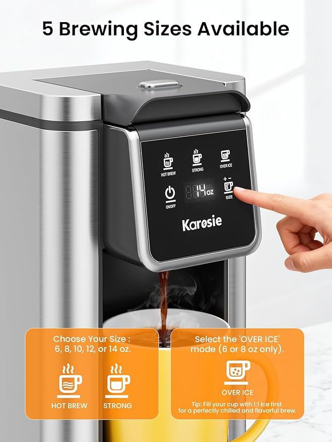 Single Serve Coffee Maker for K-Cup and Grounds, 6-14 oz Brew Sizes Hot & Iced Coffee Maker, Strong Brew Setting, 50 oz Removable Tank, Descaling Reminder, Stainless Steel,Black