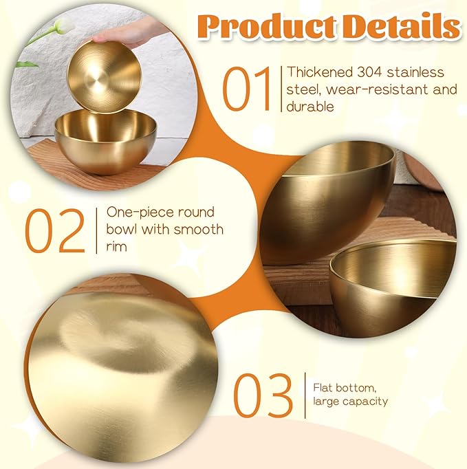 Stainless Steel Mixing Bowls, Gold Salad Bowls, Decorative Esthetician Bowl for Mixing, Cooking, Baking, Prepping, 5.9 and 7.9 Inch(Gold)