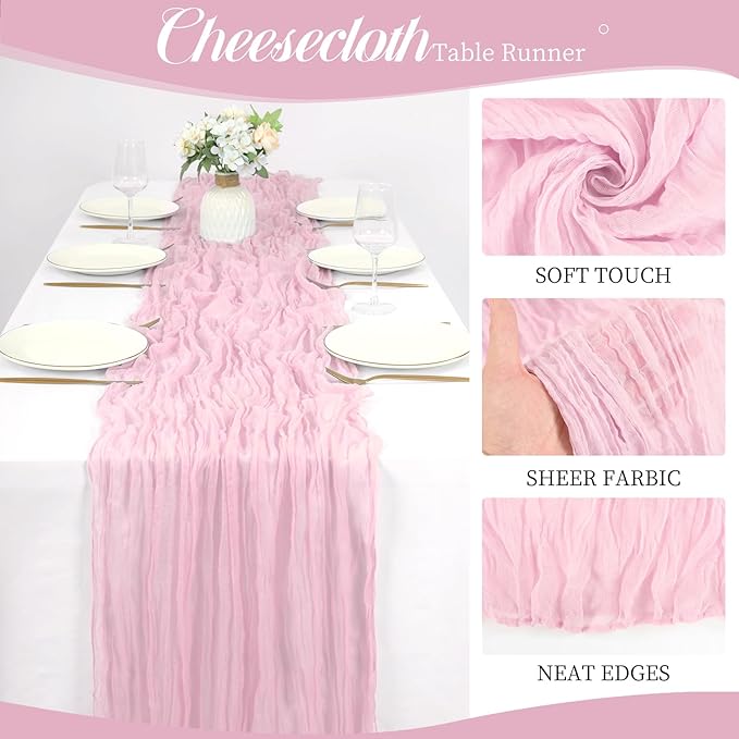 12 Pack 10Ft Light Pink Cheesecloth Table Runner 35 x 120 inch Boho Gauze Cheese Cloth Table Runner Vintage Rustic Sheer Runners for Wedding Bridal Shower Birthday Party Cake Table Decorations