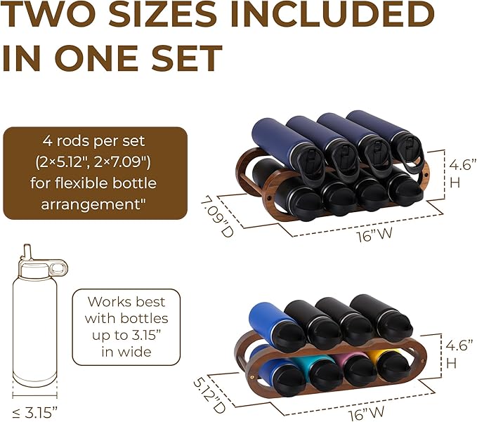 16" Walnut Wood Wine Rack Set of 2 | Compact Countertop Stand with 4 Adjustable Rods for Wine or Water Bottles, Elegant Countertop Stand for Kitchen Storage, Bar or Dining Room