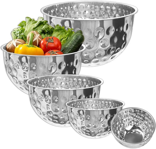 5 Pack Stainless Steel Mixing Bowls Set, Hammered Silver Finish, Nesting Design Metal Salad Bowls Set, 1.6-5 QT Capacity, Dishwasher Safe for Cooking, Serving, Food Containers Meal Prep Kit (Silver)