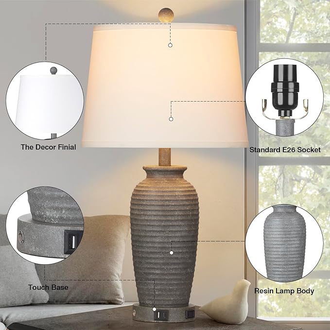 25" Farmhouse Jar Table Lamps Set of 2, 3 Way Touch Control Rustic Bedside Lamps with USB A+C Ports & AC Outlet, Pot Nightstand Lamps for Bedroom Living Room (LED Bulbs Included)