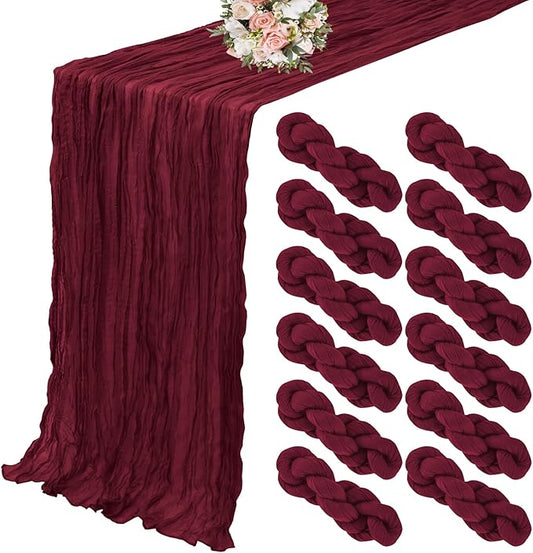 12 Pack Cheesecloth Table Runner 35 x 120 inch Long Boho Cheese Cloth Gauze Table Runners Semi Sheer Table Runner for Wedding Decor, Bridal Shower, Birthday Party (Burgundy)