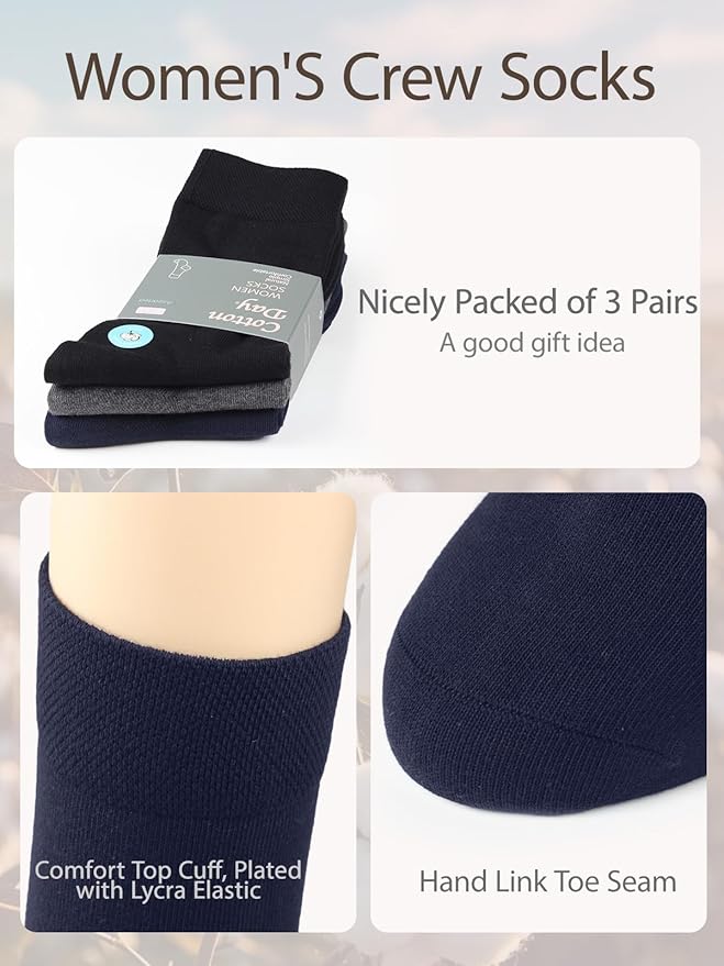 COTTON DAY Women's Soft Combed Cotton Dress Socks Seamless Toe Black White Gray Navy Blue Brown Beige