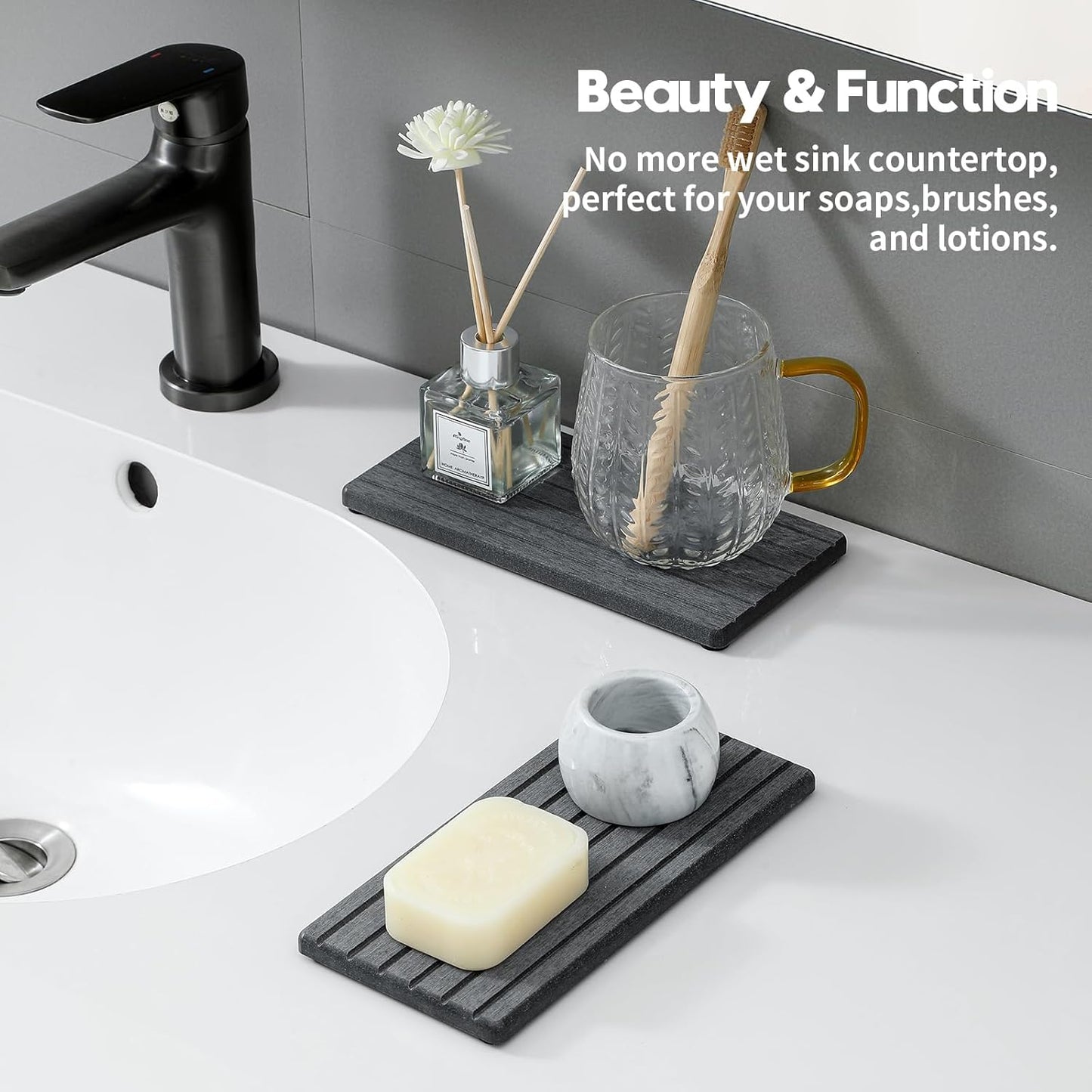 2PCS Diatomite Quick Stone Drying Tray Mat For Bathroom & Kitchen Counter, Instant Dry Water Absorbent Drink Bar Coaster,Vanity Sink Caddy Organizer,Dish Soap Sponge Holder, Dark Gray,8"x3.8"