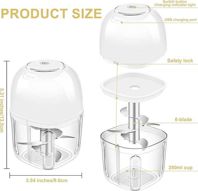 350ML Electric Garlic Chopper, Portable Mini Food Processor, USB Garlic Mincer Masher with 6 Stainless Steel Blade, Rechargeable Vegetable Chopper for Ginger, Chili, Meat, Spices
